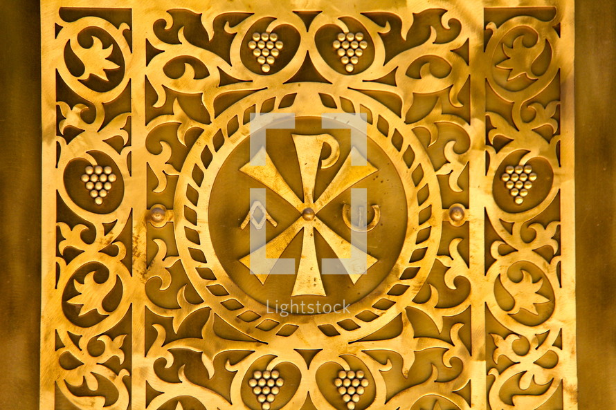 Golden door panel with Albanian Orthodox Christian Symbols