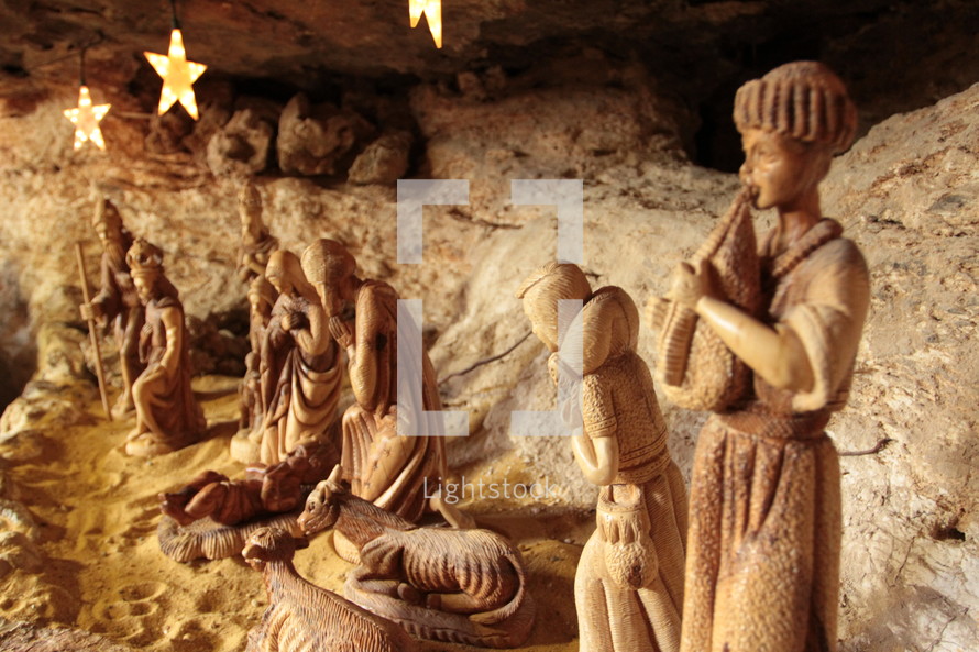 Nativity set in Bethlehem . Baby Jesus, wise men, animals, Mary and Joseph.