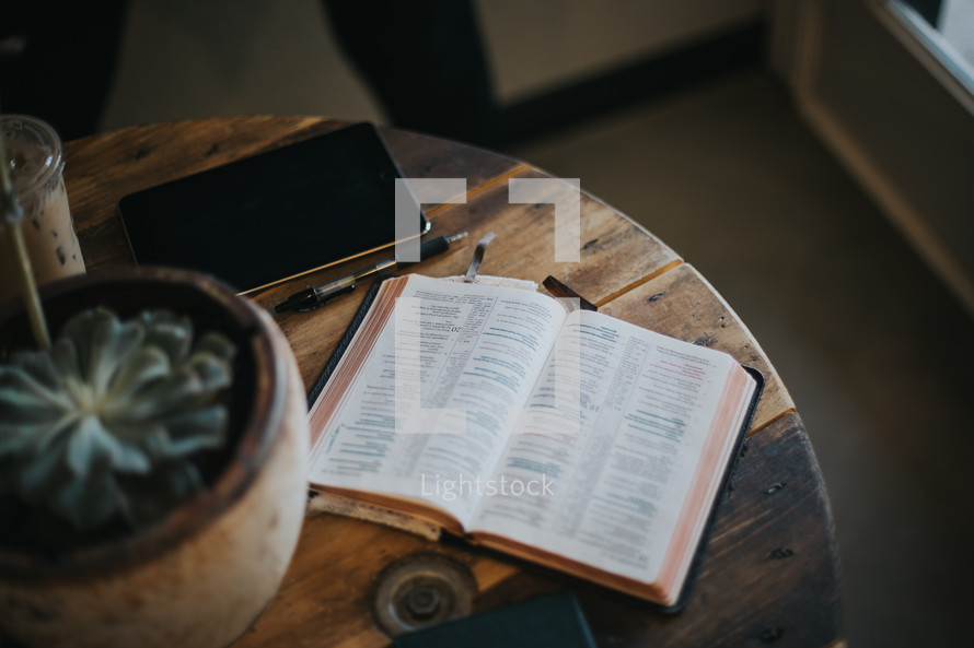 open Bible, tablet, pen, and plant on a table 