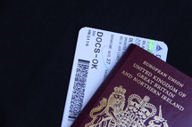 Plane ticket and british UK passport 