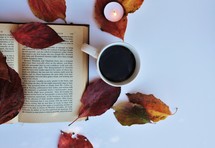 pages of a book, fall leaves, and coffee mug 