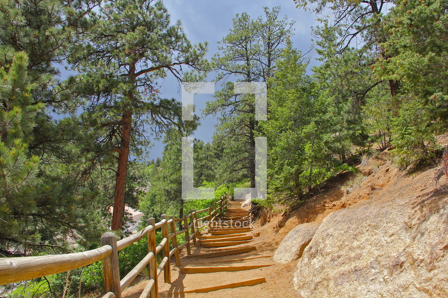 Walkway on a rocky hillside lined with trees and shrubs.