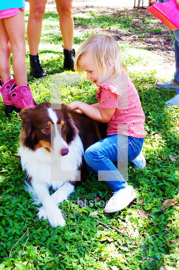toddler and dog on the farm