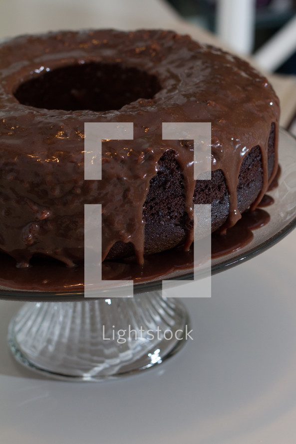 A chocolate bundt cake on a cake stand.