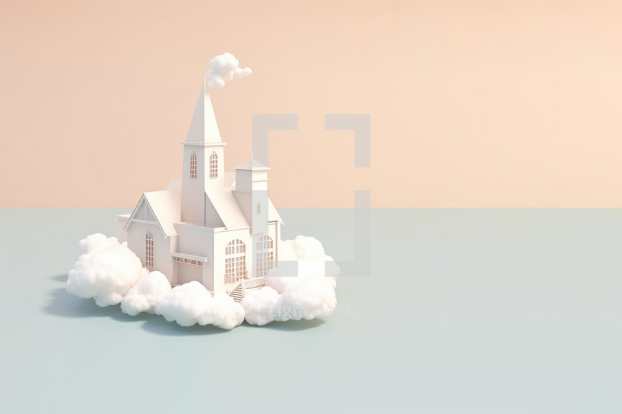 White church with clouds on pastel background