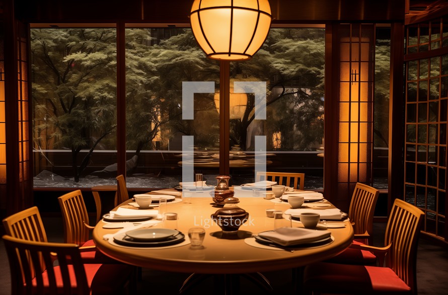 Luxury Japanese restaurant interior with ambient lighting