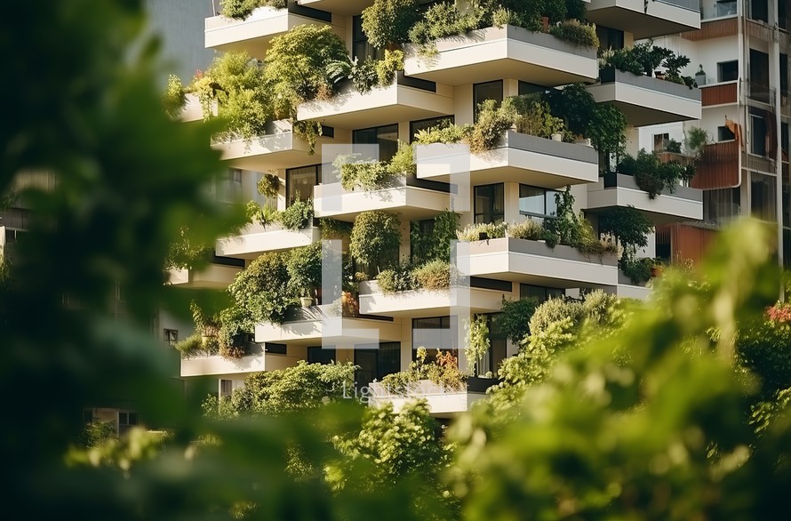Modern apartment building featuring balconies with lush vegetation in an urban setting