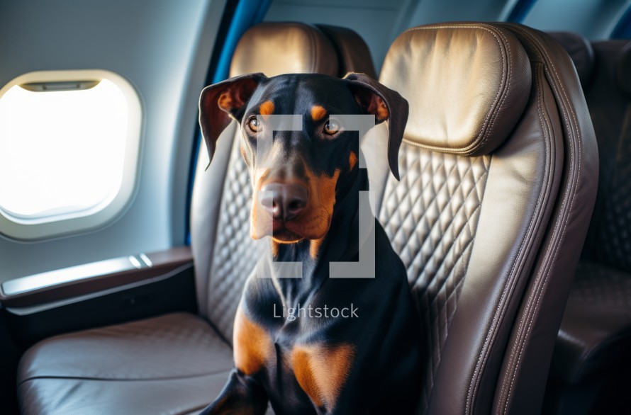A Doberman dog sitting in an airplane cabin looking at the camera