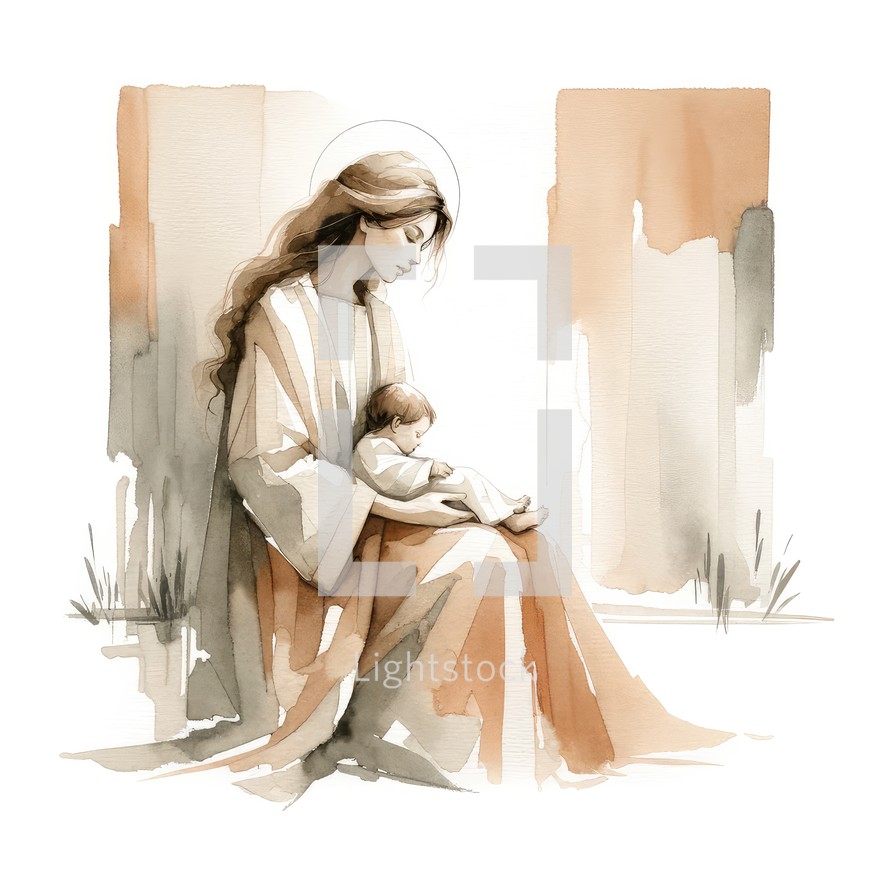 Holy Mother with baby Jesus. Watercolor painting on white background. 
