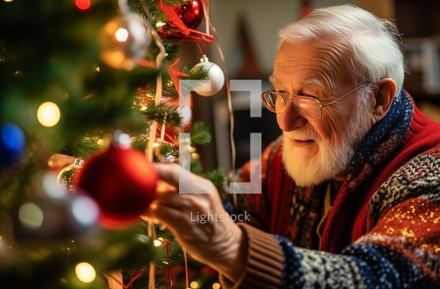 Joyful elder decorating festive tree with baubles