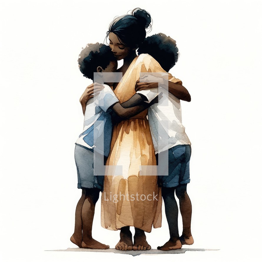 African american mother and sons in love isolated on white background. Vector illustration.