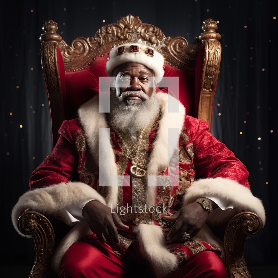 African American Santa Claus with a big smile and a sack of gifts, ready to spread holiday cheer