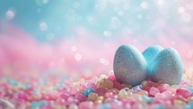 Easter background with three blue eggs and pink and blue sprinkles