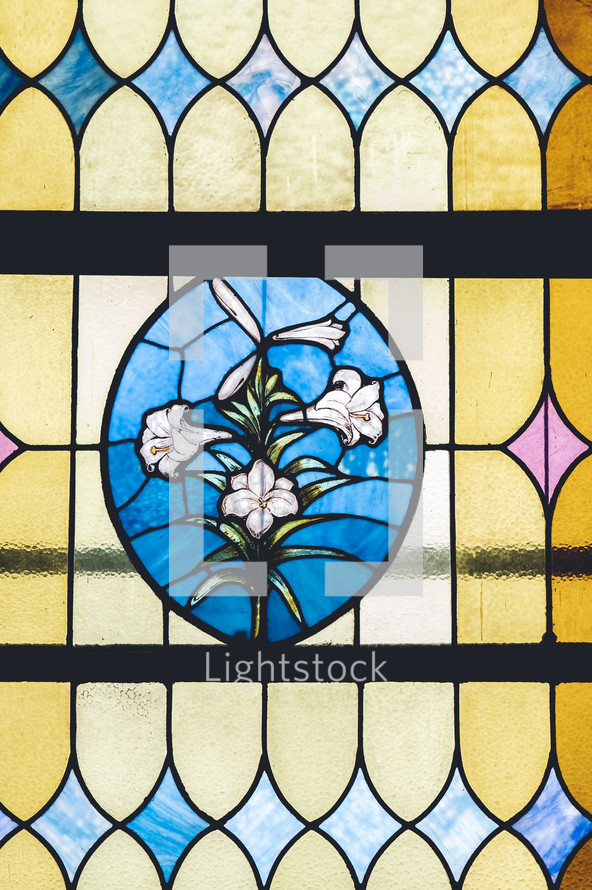 stained glass window of Easter lilies 