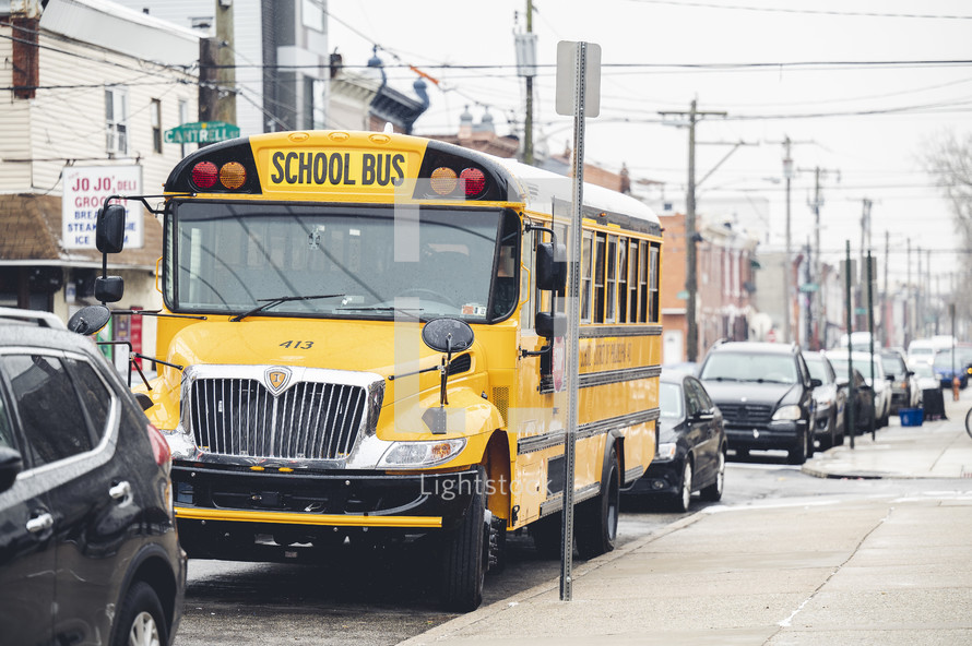 parked school bus in a city 