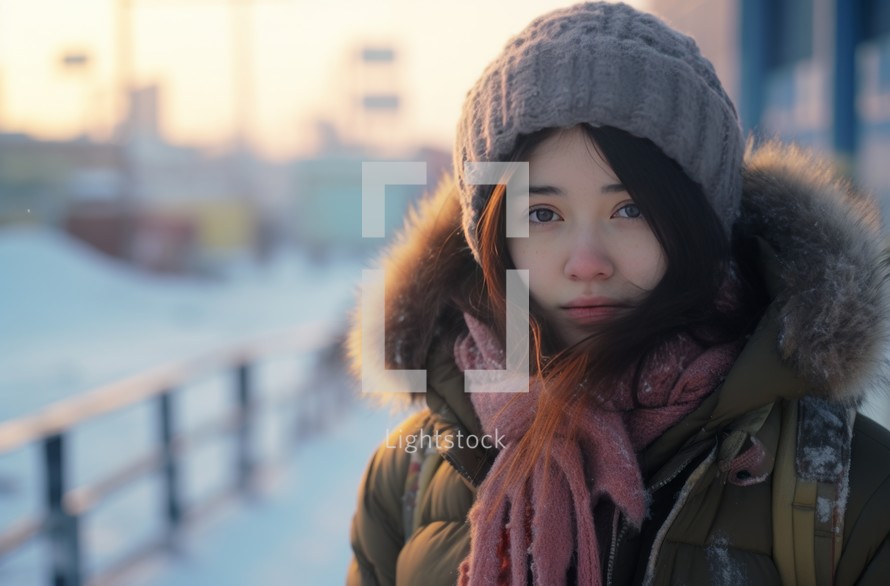 A girl in a winter city, bundled up in a scarf, her breath visible in the cold air