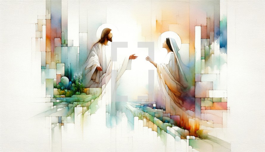 Resurrection of Jesus: Jesus appears to Mary Magdalene. Life of Jesus. Watercolor digital illustration. 