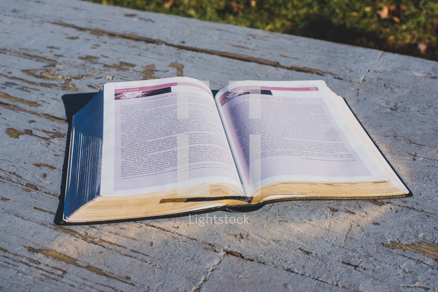 Open bible laying on a rustic, wood floor.