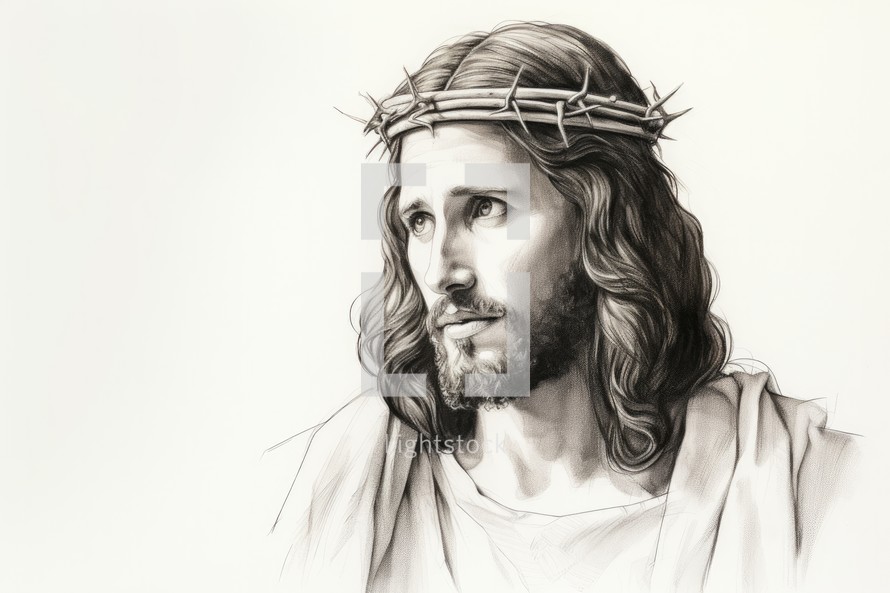 Jesus Christ with crown of thorns on his head and white background