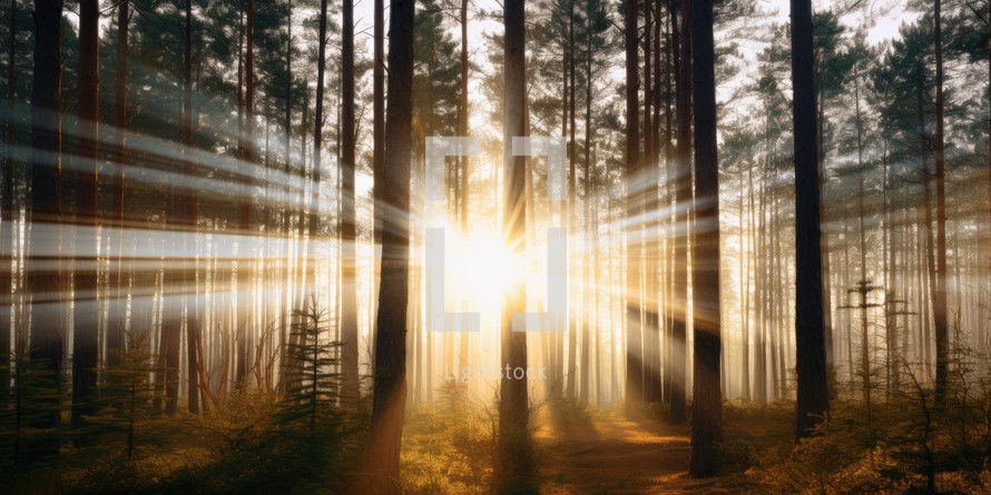 Sunset in a pine forest with rays of light passing through the trees