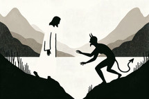  Illustration of a silhouette of devil tempting Jesus in the mountains