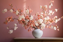 Large bouquet of spring blossoms in a white vase against a pink wall
