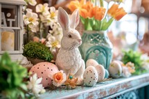 A delicate handcrafted bunny figurine on a mantle, adding a touch of charm and warmth to any home