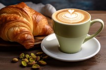 Fresh croissant with pistachio topping beside a cup of coffee on a wooden table