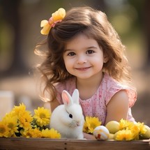 Close-up of a smiling 4-5 year old girl looking at the camera with Easter eggs, a bunny, and yellow flowers next to her