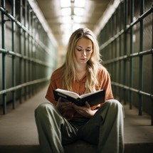 Young woman sitting on the stairs in a prison cell reading a book