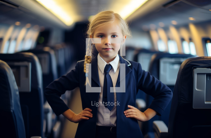 Blonde girl in a flight attendant uniform inside an airplane cabin