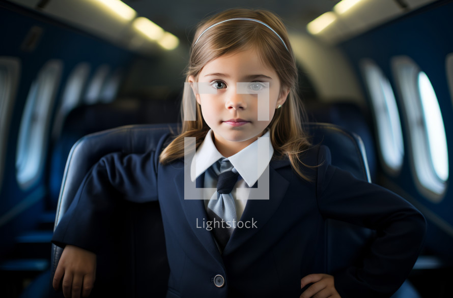 A confident 5-year-old girl in a flight attendant uniform looking directly at the camera inside an airplane cabin