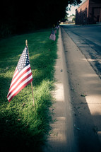 American flags in the ground along a curb 
