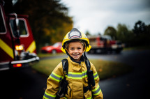 A young boy joyfully wearing a firefighter uniform, radiating happiness and enthusiasm