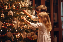 Two children, a boy and a girl, decorating a festive Christmas tree