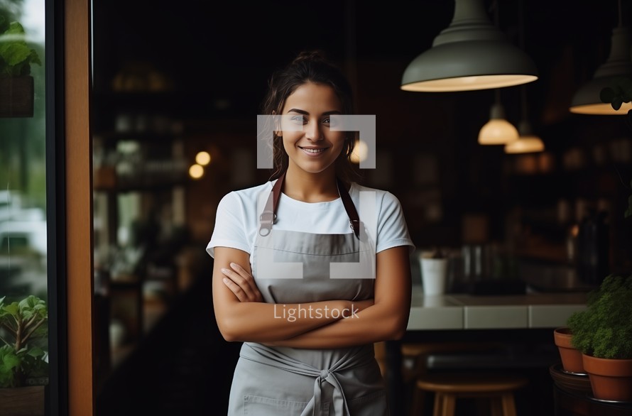 Middle Eastern waitress with crossed arms standing in cafe looking to camera