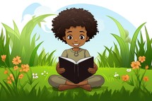 Illustration of a little black girl reading a book in the grass