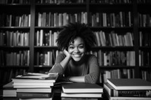 Bible Study. Happy african american student girl in library. Black and white photo.