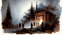 The Watch at the Tomb of Jesus Christ. Passion Saturday. Life of Christ. Watercolor Biblical Illustration