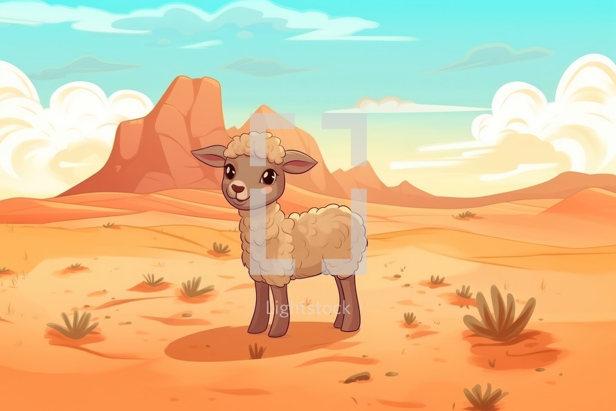 Lamb of God. Illustration of a cute lamb in the desert, mountains in the background. Cartoon style.