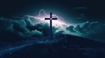 Cross in the sky with lightning and clouds.