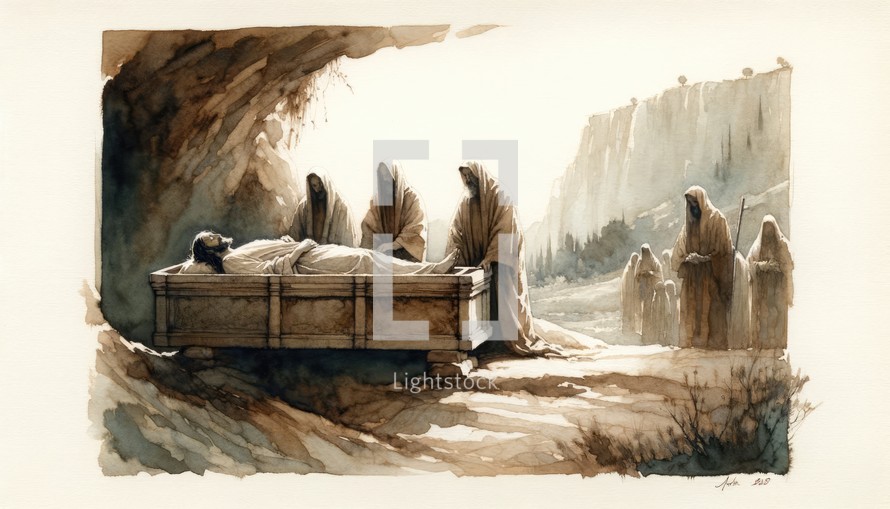 The Burial of Jesus Christ. Passion Friday. Life of Christ. Watercolor Biblical Illustration