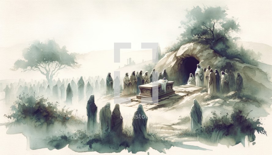 The Burial of Jesus Christ. Passion Friday. Life of Christ. Watercolor Biblical Illustration