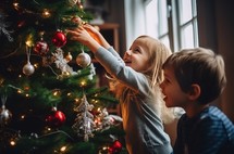A boy and a girl happily decorating a Christmas tree with ornaments