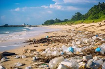 White sandy beach littered with plastic waste, highlighting environmental issues
