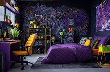 Bright teen room with graffiti wall art and neon decor