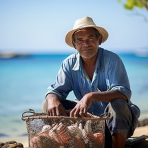 Portrait of a senior man sitting on the beach with his fishing net