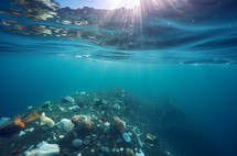Underwater view of pollution with plastic debris floating