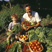 Father and son with vegetables in the vegetable garden. Happy family.