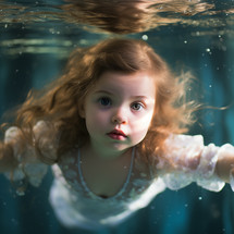 Close up of a young girl underwater, imagined as a mermaid, with flowing hair